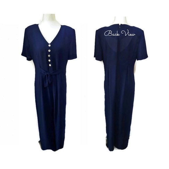Vintage Womens Navy Romper Jumpsuit Dressy Wide Leg Pantsuit Bonnie Marx M 10 - Picture 1 of 4